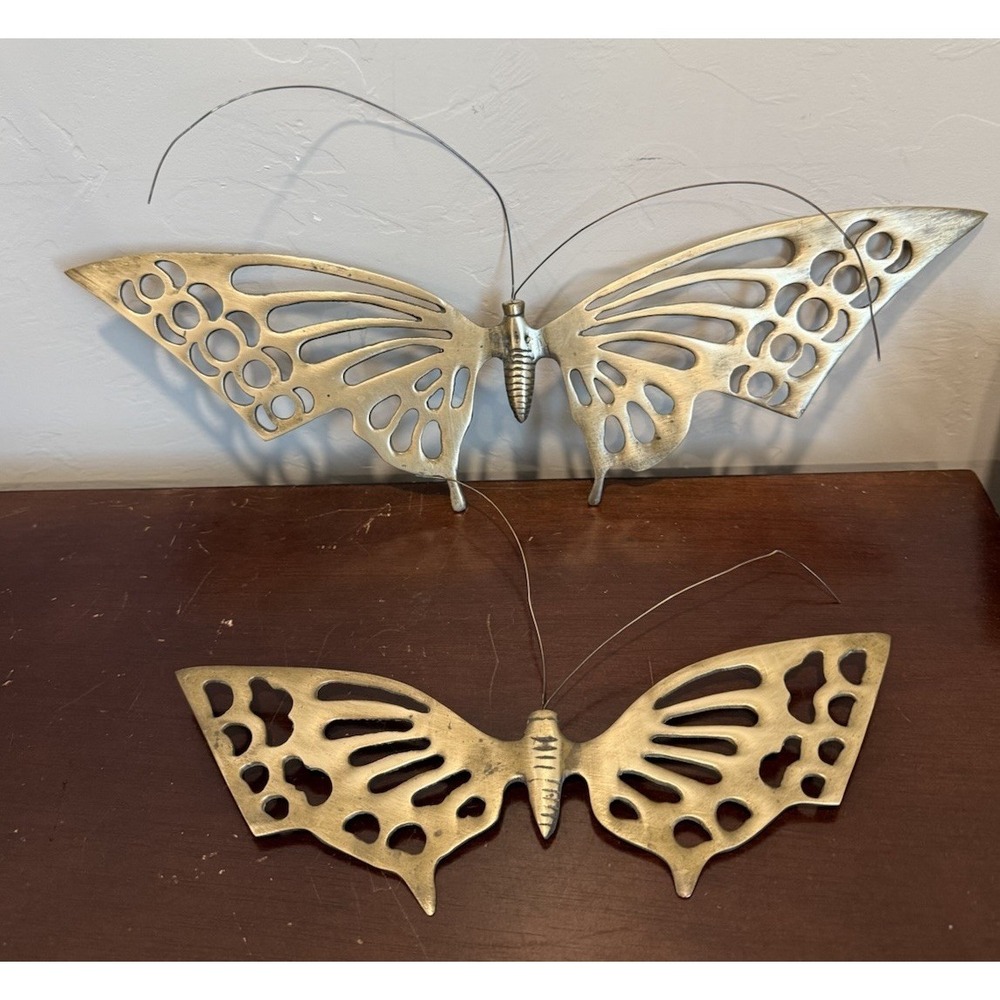 Lot Of 2 Vintage Brass Butterflies Wall Hanging Bendable antenna Garden Art